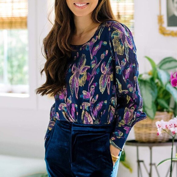 Lilly Pulitzer Womens True Navy Lambert Silk Blouse Top Rainbow Metallic Size XS - Picture 1 of 13